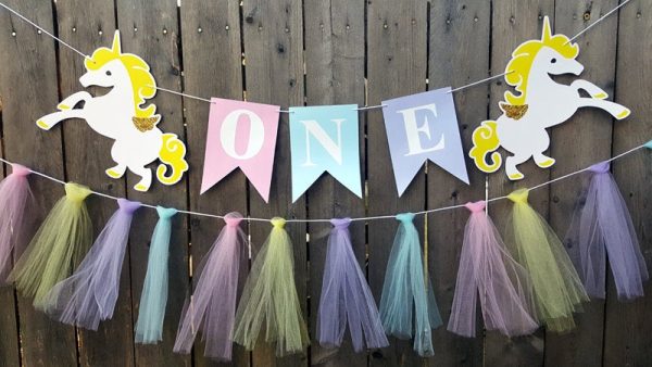 Unicorn ONE Banner, Unicorn Banner - Unicorn Party - Unicorn Backdrop - Unicorn Birthday Banner - Unicorn Decoration, Tulle Banner, Tassle