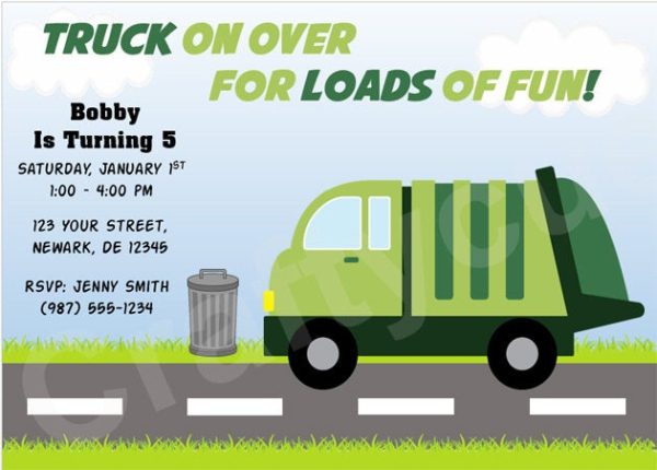 Garbage Truck Birthday Invitation - Garbage Truck Party Invitation - Garbage Truck Invitation