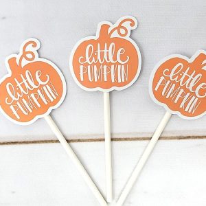 LITTLE PUMPKIN CUPCAKE Toppers - Pumpkin Cupcake Toppers Pumpkin Cake Toppers, Little Pumpkin Birthday, Pumpkin Party, Pink and Gold Pumpkin