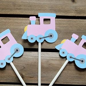 Train Cupcake Toppers, Train Birthday Party Cupcake Toppers - Girl Train Cupcake Toppers - Pink and Blue Train