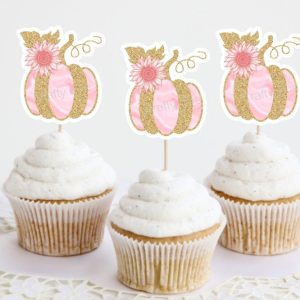 PINK AND GOLD Pumpkin Cupcake Toppers - Little Pumpkin Cupcake Toppers Fall Party Decorations Fall Baby Shower Decorations Pink Pumpkin Fall