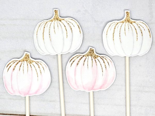LITTLE PUMPKIN CUPCAKE Toppers - Pumpkin Cupcake Toppers Pumpkin Cake Toppers, Little Pumpkin Birthday, Pumpkin Party, Pink and Gold Pumpkin