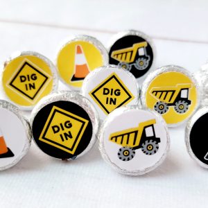 180 - CONSTRUCTION STICKERS for candy Construction Truck Stickers Construction Birthday Party Favors Candy Wrappers Construction Decorations