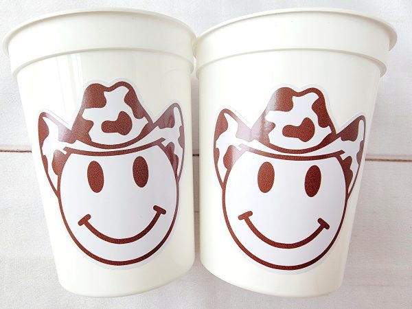 Brown COWBOY SMILEY FACE Cups Cowboy Cups Cowboy Party Favor Cowgirl Bachelorette Party Cowboy Birthday Rodeo Party Cow Print Hat Cups Disco