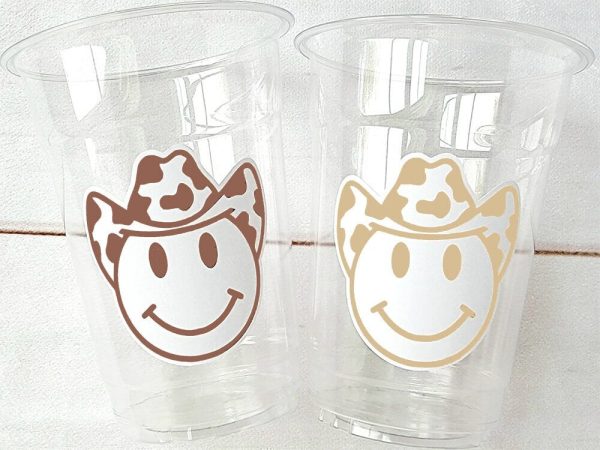 Brown COWBOY PARTY CUPS - Cowboy Cups Cowboy Party Decorations Cowgirl Bachelorette Cow Print Hat Smiley Face Cups Cowboy Rodeo Party Cups