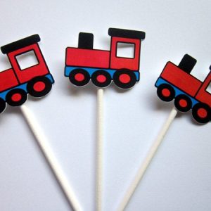 Train Birthday Party Cupcake Toppers Black Red Blue Choo Choo Train