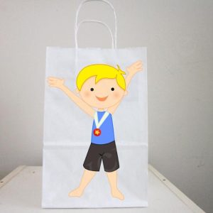 Gymnastics Party Favor, Goody, Gift Bags - Boy Gymnastics Favor Bags - Blonde Hair Holding Arms Up - Item# 72316206A