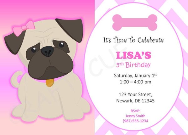 Pug Birthday Invitation - Puppy Party Invitation - Dog Party Invitation