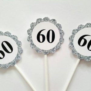 60th Birthday Cupcake Toppers, Black and Silver, 21st birthday, 30th Birthday, 40th Birthday, 50th Birthday, Cupcake Toppers