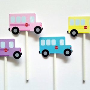 School Bus Cupcake Toppers - Colorful - Pink Bus, Purple Bus, Blue School Bus, Yellow Bus